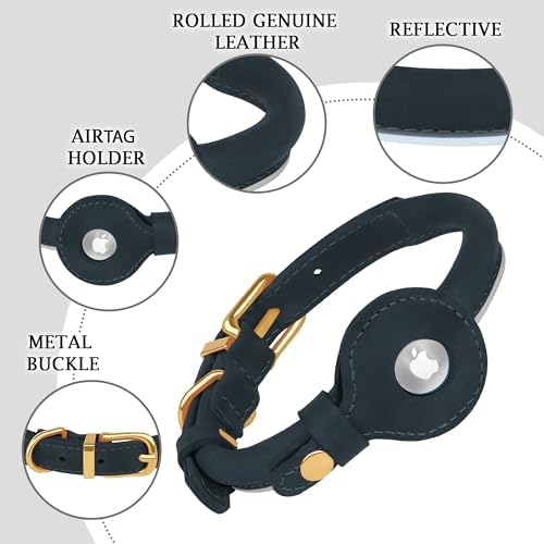 OOPSDOGGY Rolled Leather Dog Collar with Airtag Holder - Reflective Round Airtag Dog Collar - Soft Tracking Pet Collar for Small Dogs Puppy Cats Kitten (Denim, L, 14"-18")