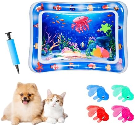 2026 Upgraded Cat Water Mat – 5-Layer Anti-Scratch Leak-Proof Sensory Play Mat for Indoor Cats, BPA-Free Cooling Water Pad, Interactive Enrichment Toy (S8, 65 * 50CM, 4 Fish + Pump Included)