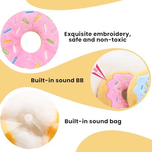 Donut Dog Toy, 6 Inch Bite Squeaker Sound Dog Donut Toys with Exquisite Embroidery, 3Pcs Interactive Soft Plush Toy for Small Medium and Large Dogs.