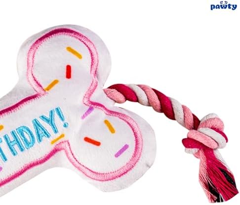 PAWTY Birthday Bone Dog Toy - Funny Interactive Tug Rope Squeaky Dog Birthday Gift - Plush Pink Bone Toy for Small Medium Dogs - Dog Birthday Party Supplies