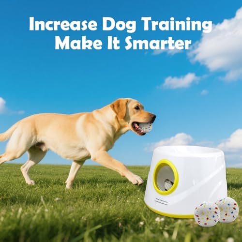 MEKAPLE Automatic Dog Ball Launcher, Upgraded Interactive Dogs Balls Thrower for Small and Medium Dogs, Distance Adjustable Mental Stimulating Dog Toys with 4 Durable Etpu Balls 2.2 Inch (Yellow)