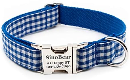 Durable Engraved Dog Collar Adjustable Sizing Fabric (Blue Plaid)