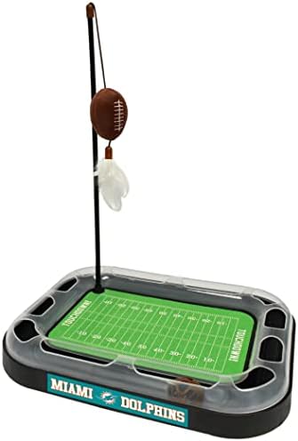 Cat Football Field NFL MIAMI DOLPHINS FOOTBALL FIELD CAT SCRATCHER TOY with CATNIP Filled Plush FOOTBALL Toy & Feather Cat Toy hanging, with Jingle Bell INTERACTIVE BALL Cat Chasing 5-in-1 KITTY Toy