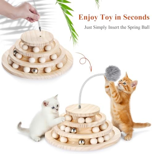 Large Upgraded Cat Track Ball Toy with Bell & Teaser Wand - 3-Layer Tower Roller, Interactive Wooden Cat Toy for Mental & Physical Exercise, Double Fun for Kittens & Adult Cats