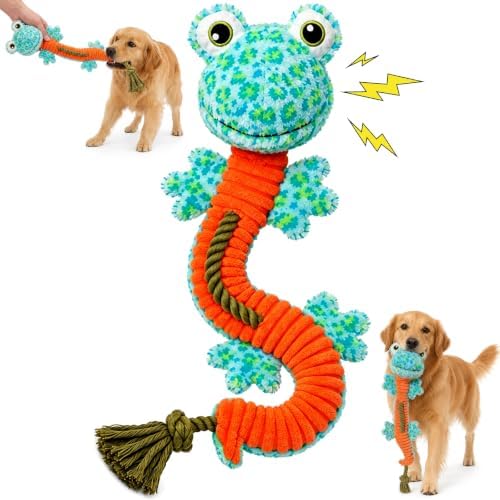 Dog Toys Squeaky Plush No Stuffing, Stuffless Crinkle Dog Toy with Rope Tug Pull Design, Durable Chew Toy for Puppies Small Medium Large Dogs, Fun Interactive Pet Toy