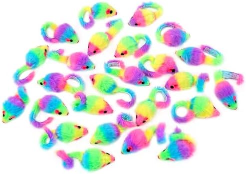 CHIWAVA 36PCS 1.8" Rainbow Color Furry Cat Toy Mice with Rattle Kitten Play
