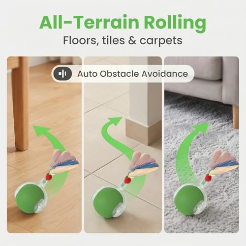 Interactive Cat Toy for Indoor Cats - Automatic Cat Toy Ball with Tail, Self Moving Electric Kitten Toys, USB Rechargeable Smart Rolling Ball, Motion Activated Cat Enrichment Toys for Bored Cats Green