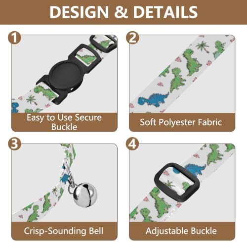 2 Pack Kitten Collar Cute Cartoon Dinosaurs Blue Green Bell Collar for Small Dogs, Adjustable Length 10.6" to 17.1"