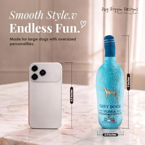 Dog Diggin Designs Grey Dogs Vodka Plush Dog Toy | Luxury-Inspired Parody Vodka Bottle Dog Toy with Squeaker, Soft Plush Novelty Dog Toy – Shaken, Not Stirred!