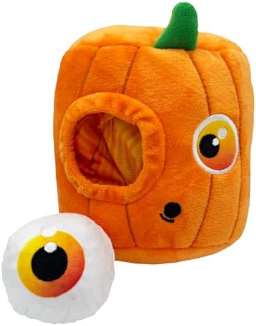 Huxley & Kent Interactive Halloween Funny Dog Toy w/Squeaker – Power Plush Puzzle Dog Toys for Small, Medium & Large Dogs – Treat Hiding Play Time - Pop 'n Fetch Pumpkin Pop-Eye