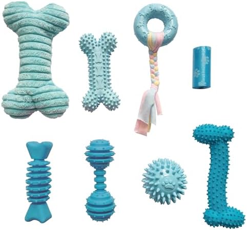 PetLike 8PCS Puppy Teething Toys Set - Interactive Dog Chew Toys with Ball & Cotton Ropes Safe & Durable Teething for Small Puppies(Blue)