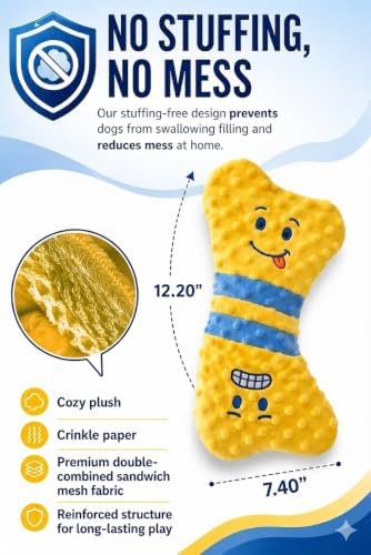 Crinkle Dog Toy, No Stuffing Squeaky Dog Toy for Small, Medium & Large Breeds – Great for Cuddling, Anxiety Relief, Tug of War, Fetch, Boredom Reducer – Soft Yellow Plush Bone, Gift Ready Box