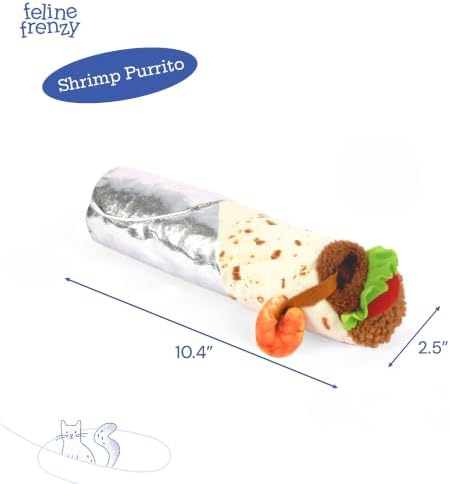 P.L.A.Y. Cute Cat Toys - Feline Frenzy Interactive Kicker Toy, Burrito Food Themed Catnip Filled Toy, Great for Adult Cats and Kittens - Double Stitched, Recycled Materials, Crinkles (Shrimp Purrito)