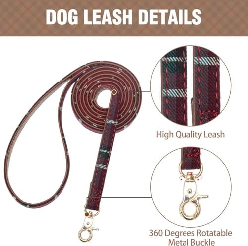 KOOLTAIL Small Dog Collar and Leash Set with Bowtie and Bells - Cute Puppy Bandana Collar and Leash for Female with Classic Plaid Pattern,Soft Leather Tangle Free Leashes for Small Dogs Boys Girls,Red