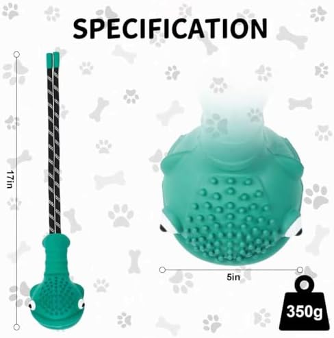 Pufferfish Shape Rubber Dog Toy with Detachable Squeaky Tennis Ball & Rope, Interactive Durable Chew Toys for Dogs, Safe Non-Toxic Material, Clean Teeth Design (Green)
