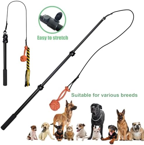 Upgraded Interactive Dog Toys - Extendable Flirt Pole Teaser Wand with Braided Rope Chewing Tugs and Squeaky Plush Chase Toy for Dog Puppy Outdoor Entertainment, Train and Exercise