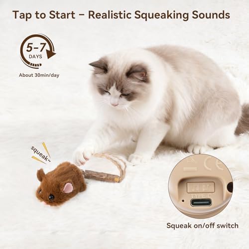 Migipaws Interactive MigiMouse Cat Toy 360° Rolling & Spin with Wiggling Tail for Indoor Cats Smart Motion Sensor, Realistic Squeak, Rechargeable Plush Kitten Toy (Brown)