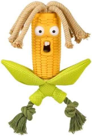 Corn Shape Rubber Dog Toy with Rope Tug, Treat Toys, Squeaker Interactive Durable Chew Toys for Dogs, Safe Non-Toxic Material, Clean Teeth Design for Indoor and Outdoor Play