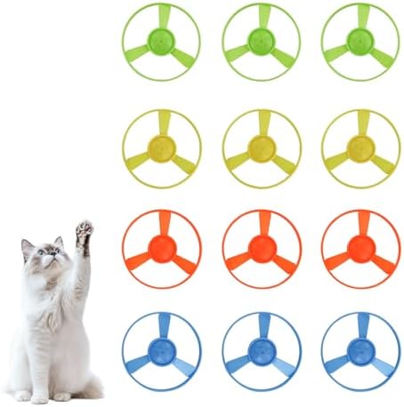 Andiker 12 PCS Cat Fetch Toy Refills, Colorful Interactive Kitten Toy with Plastic Flying Propellers for Cat Enrichment, Flying Saucer Toy for Cats for Training and Chasing (12 pcs)