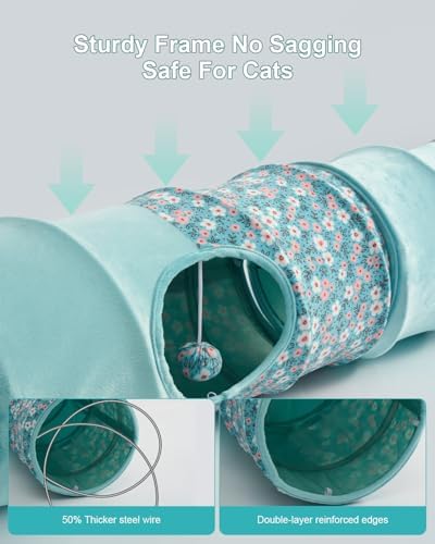 Cat Tunnel, 3 Straight Shaped Tunnels 6 DIY Shapes with Wand Toys, No Noise Scratch Resistant Cool Linen Fabric, Interactive Pet Tunnel Tube for Indoor Cats, Puppy and Rabbits