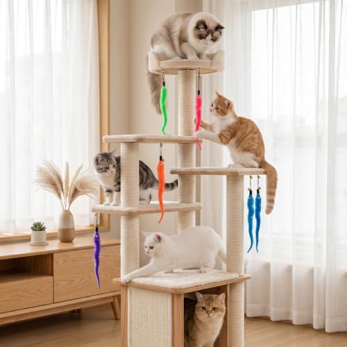 KuuGuu 24 PCS Cat Worm Toy Replacement Teaser with Bell Refills Indoor Cat's Interactive Wand and Catch Wand Soft Squiggly Worm Teaser Refills Attachment Interactive Catch Toy Accessories （6 Color）