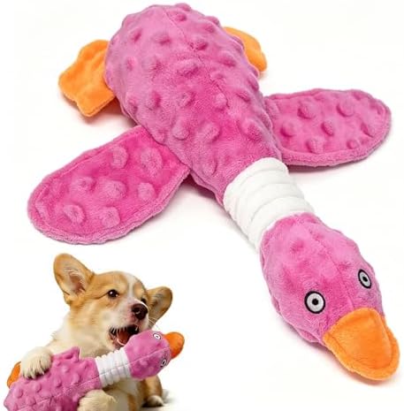 Squeaky Dog Toys for Aggressive Chewers, Durable Stuffed Animal Plush Dog Toy with Soft Fabric for Large, Medium & Small Dogs, Interactive Puppy Chew Toy for Teething, Crinkle Duck Dog Toy - Pink