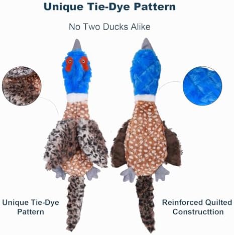 24” Jumbo Quilted Duck Dog Toy – Durable Tie-Dye Plush Bird with Double Squeakers & Crinkle Sound, No Stuffing Interactive Toy for Medium & Large Dogs