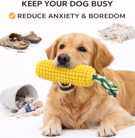 6.3 inch Corn Dog Toys for Aggressive Chewers, Durable Rubber Teething Toys for Puppies, Dog Toys to Keep Them Busy, Squeaky Dog Toy, Bite and Brush Dental Toy for Small Medium and Large Dogs