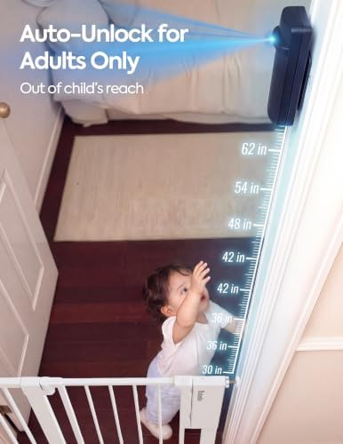 Babelio Smart Baby Gate with Auto-Unlock/Close, Pressure Mounted No Drill for Doorways/Top of Stairs. Pet/Dog Door Wide Walk Thru w/Infrared Sensor & Safety Alert (White, 30.3-41.7" W, 30" H)