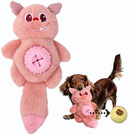 Cute Monster Plush Dog Toy with Squeaky Ball, Crinkle Paper, Treat Dispenser & Washable Design, Interactive Stuffed Chew Toy for Small Medium Dogs, Puppy Teething Toy (Pink)