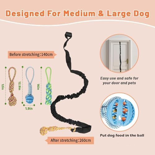 Spring Pole Dog Rope Toys,Dog Bungee Toy, Hanging from Tree, Tether Tug for Small to Large Dogs with 3 Pieces Chew Rope