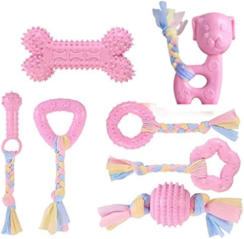 Dog Chew Toys, 7pcs Dog Puppies Teething Chewing Toy Set with Ball and Colorful Ropes, Interactive Pet Toys for Small and Medium Dogs (Pink)
