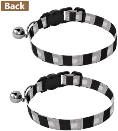 Black White Buffalo Plaid Squares Decorative Pet Collar with Bell 2 Pack Kitten Collars Adjustable Length 10.6" to 17.1"