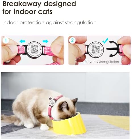 Smart QR Code Pet ID Personalized Tag Cat Collar, Reflective Nylon with Bell, Secure Breakaway, Comfortable, Durable - Suitable for Kittens-Rose&Black-S