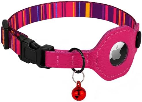 Breakaway Cat Collar with Leather AirTag Holder & Bell - Apple Air Tag Cat Collars for Girls & Boys, Lightweight Anti-Lost GPS Tracker Design, Printed Pattern - Safety and Adjustable (Striped)