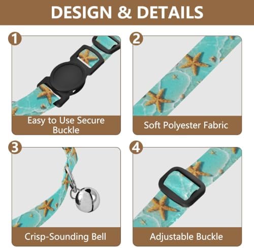 2 Pack Cats Collar Starfish Seashells Turquoise Cat Collar with Bell, Adjustable Length 10.6" to 17.1"