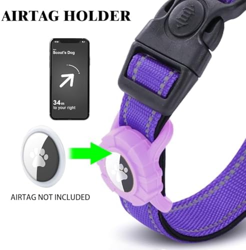 JSXD AirTag Dog Collar, Night Reflective Nylon Dog Collar for Small Medium Large Dogs,Lockable Quick Release Buckle,Padded Breathable Pet Collar with AirTag Holder (Purple, Small(9.4"-12.6"))
