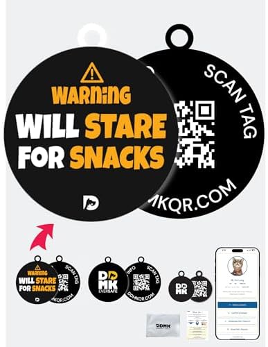 DDMK Smart Pet Tag Set | Includes 3 Tags | QR Code for Instant Alerts| Durable & Waterproof | No Subscriptions or Fees |1-Will Stare for Snacks-1