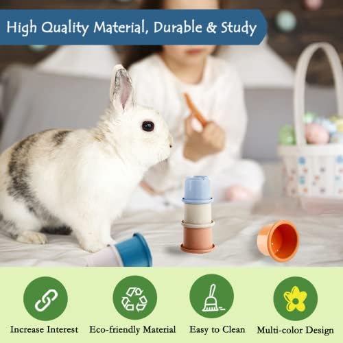 8 Pcs Stacking Cups for Rabbits - Multi-Colored Reusable Rabbit Bunny Toys with Cute Animal Design - Graduated Sized Stackable Toys - Safe Wheat Straw Nesting Toy