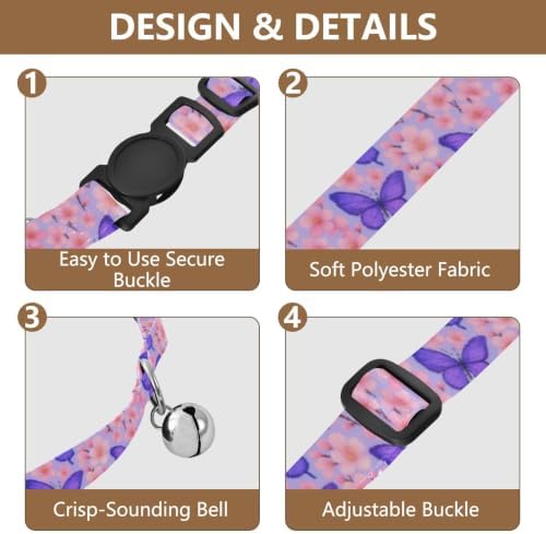 Purple Blue Butterflies Lavender Decorative Pet Collar with Bell 2 Pack Kitten Collar Adjustable Length 10.6" to 17.1"