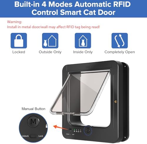 Smart Cat Door for Interior & Exterior, Cat Pet Door with 3 Collar Sensor Keys & 1 Remote Control & 4 Way Locking Cat Flap with RFID Collar Activated Opening