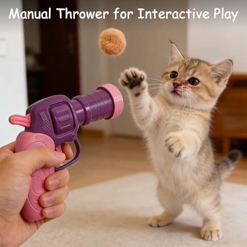Cat Fetch Toy Launcher with 50 Colorful Pom Pom Balls, Cat Balls Fetch Toy Interactive Manual Thrower for Cats, Funny Cat Toy Gun for Bored Indoor, Pink and Purple (13 cm)
