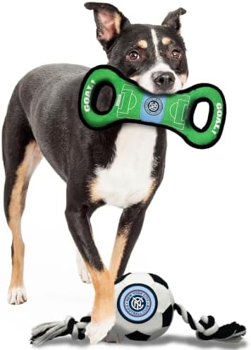 Pets First MLS New York City FC Soccer Field Tug Toy & Soccer Ball Rope Toy Set for Dogs - Officially Licensed Interactive Squeaky Rope Fetch & Chew Toys with Team Logo