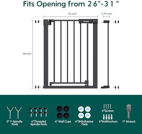 Babelio 26-31 in Baby Gate for Stairs, PressGuard Pet Gate with Wide Door | Pressure/Wall Mount, Dual Lock with Indicator, Auto Close, Heavy Duty, Easy Install for Doorways, Kitchens, Hallway, Black