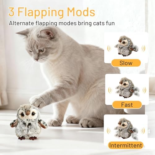 Puffluv Flapping Cat Toy,Interactive Owl with Remote Control, 3 Modes Flapping Wings & Chirping, USB Rechargeable,Catnip, Mimic Bird for Indoor Cats, Never Bored
