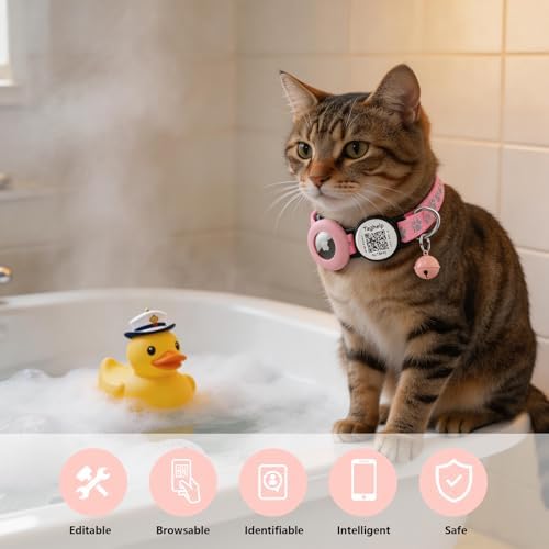 Airtag Cat Collar Breakaway with Bell & Reflective Design - Cute Paw Print Kitten Collar with Apple Airtag Holder & Safety Buckle - Perfect Pet Supplies, QR Code & Gifts for Girl & Boy Cats (Pink)