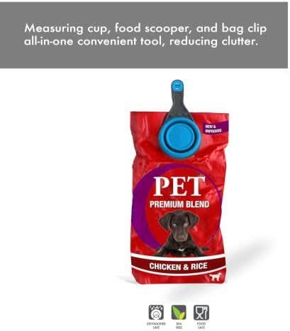 Dexas Popware for Pets Collapsible Klip Scoop, 3-in-1 Pet Food Scoop, Measuring Cup and Bag Clip, 2 Cup Capacity, Pro Blue