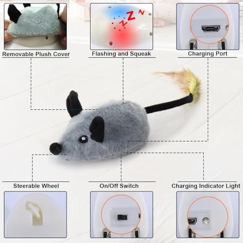 BABORUI Interactive Dog Toys Mouse, Escaping Mice Squeaky Dog Toy with Lights & Auto-Turn, Rechargeable Moving Dog Toys for Small/Medium/Large Dogs & Cats(Grey)