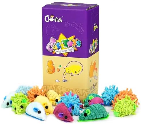 CHIWAVA 27PCS 2" Striped Shaggy Cat Toy Mice with Rattle Assorted Mouse