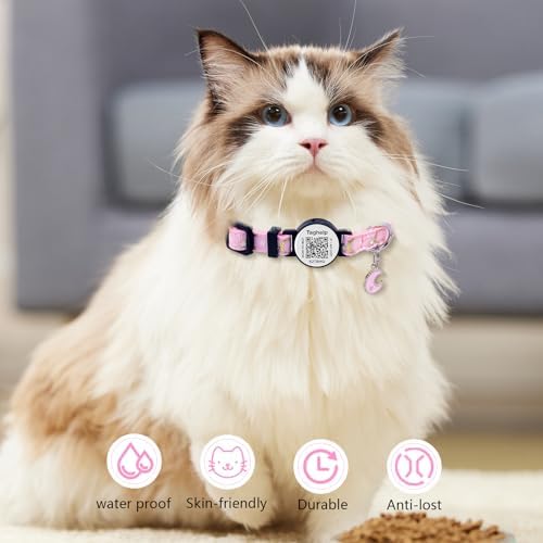 Cat Collar Stars and Moon, Reflective no Bell, Solid & Safe Collars for Cats, Nylon, Kitty Collars, Pet Collar, Breakaway Cat Collar with Smart ID Tags for Boy & Girl,NO APP (Purple)